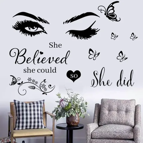 Miniatura 6 de Adhesivo de pared de vinilo con texto en inglés "She Believed She Could So She Did", calcomanías de pared de mariposa para dormitorio, sala