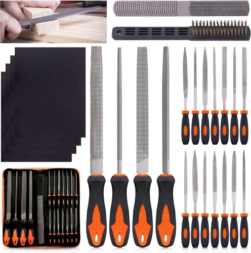 Swpeet Juego de 24 limas de metal con lima de madera 4 en 1 manera y cepillo de alambre con funda de transporte, limas de aguja, limas planas, limas