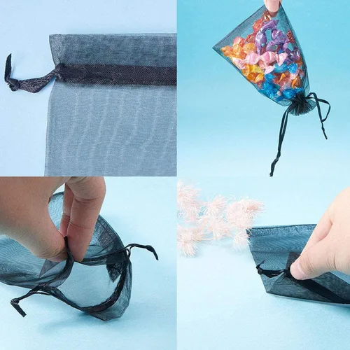 Miniatura 2 de 100 bolsas de papel de regalo de 4 x 6 pulgadas, color negro, tela de tul transparente, bolsas reutilizables con cordón para regalos de baby shower