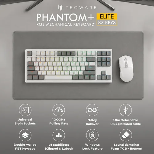 Miniatura 2 de TECWARE Phantom+ 87 Key RGB Mechanical Gaming Keyboard Wraith Brown, Red, Pink and Orange Switch Black, White and Gray
