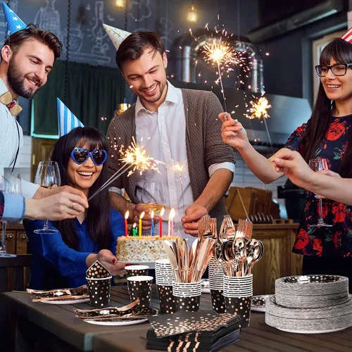 Miniatura 7 de 700 piezas de suministros de fiesta de color negro y oro rosa para 100 invitados, juegos de vajilla desechables, platos de papel de oro rosa negro