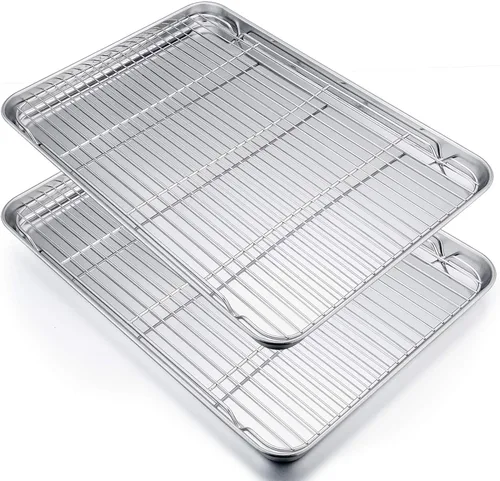 Miniatura 10 de P&P CHEF Juego de bandejas para hornear de acero inoxidable de 16 + 12.5 pulgadas con rejilla (2 bandejas + 2 rejillas), bandejas para galletas