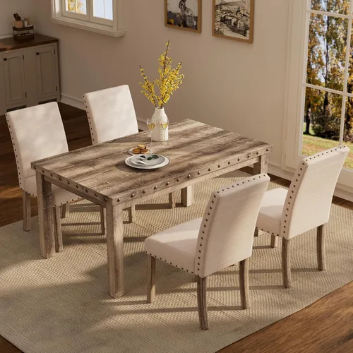 Morden Fort Juego de Comedor Estilo Granja para 4, Mesa Rectangular de Madera de 60" y 4 Sillas Tapizadas con Detalles de Tachuelas, Juego de Mesa