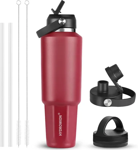 Miniatura 34 de HYDROWION Botella de agua de acero inoxidable, 32 onzas, boca ancha, doble pared, aislada al vacío, con tapa de pajilla, tapa de boquilla y tapa