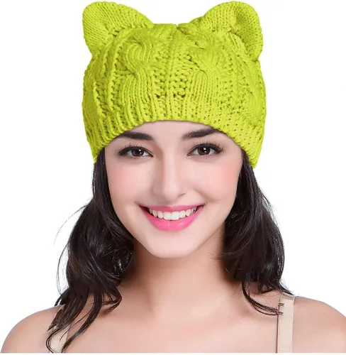 v28 Gorro de punto con orejas de gato para mujeres, hombres, niñas, niños y adolescentes