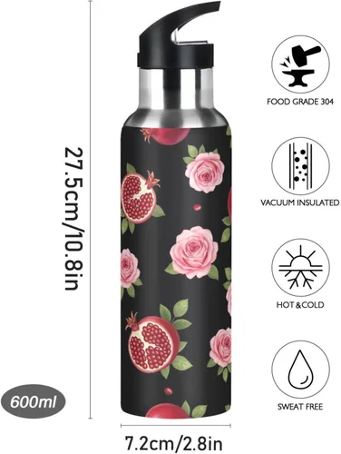 Miniatura 9 de Pink Roses Black Insulated Stainless Steel Water Bottle with Straw 32 Oz Leakproof Water Bottles, BPA-Free Sport Water Bottle