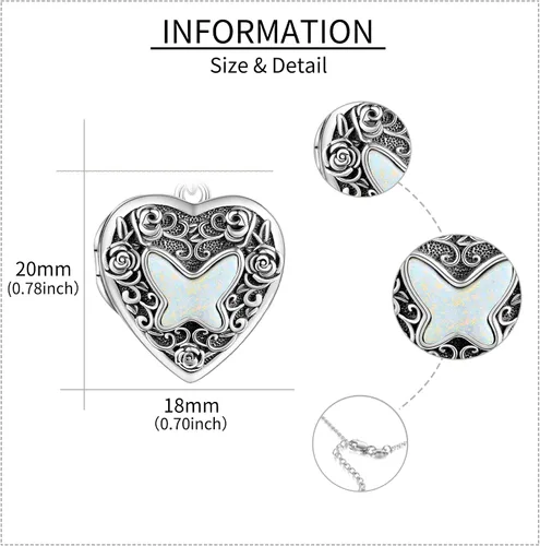 Miniatura 3 de URONE Collar con medallón de corazón de mariposa de plata de ley 925, collar con colgante de mariposa que sostiene fotos medallón de fotos, joyería