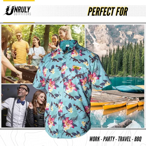 Miniatura 6 de Camisa hawaiana para hombre, color verde, M249, camisas con botones para hombre, divertidas camisas de armas de flores con pistolas