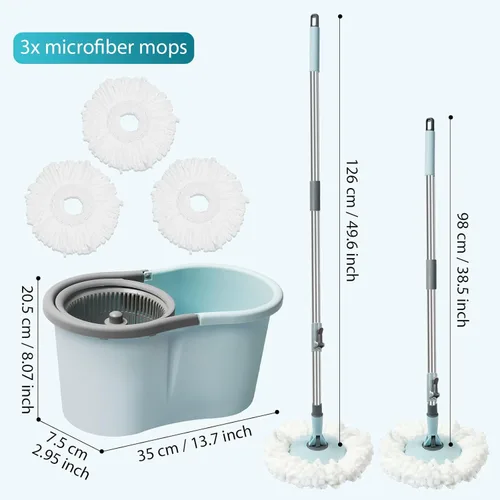 Miniatura 5 de Juego de trapeador giratorio y cubo con escurridor, juego de cubo giratorio operable de 360° con 3 cabezales de repuesto de microfibra, mango