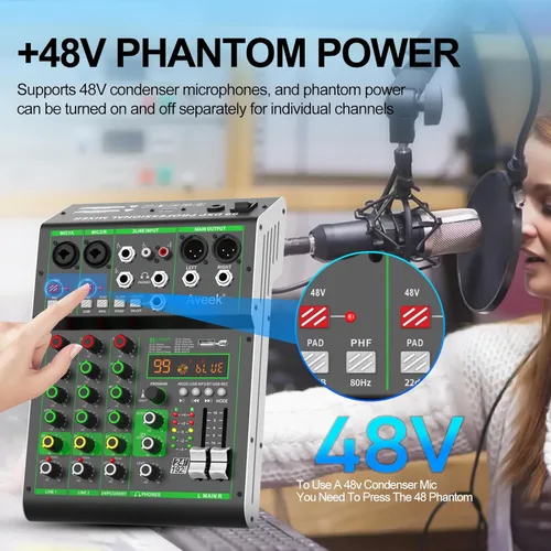 Miniatura 7 de Aveek Mezclador de audio, consola de mezcla de tablero de sonido profesional con unidad USB/Bluetooth/Computadora/Mezclador de DJ de entrada estéreo