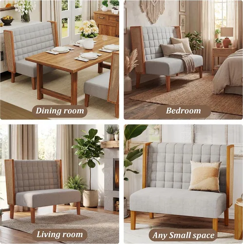 Miniatura 6 de Andeworld Banco de sofá biplaza con brazos de ratán, mini sofá tapizado moderno con respaldo alto, banco de comedor para banqueta para sala de Beige