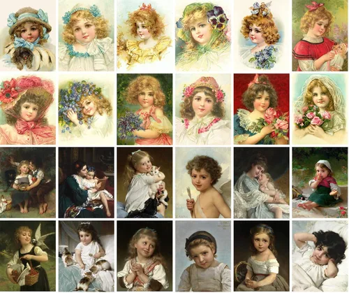 Miniatura 2 de Calcomanías grandes (24 piezas de 2.5 x 3.5 pulgadas) Retratos de niños victorianos, pintura de museo antiguo, póster retro reimpresión Dieciocho