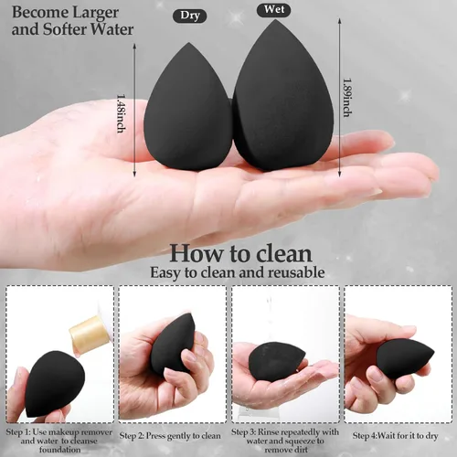 Miniatura 7 de Juego de 14 esponjas de maquillaje, mezclador de esponjas de belleza con 4 borlas de polvo y 4 mini esponjas de maquillaje para líquido, base, Negro