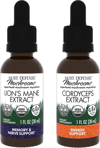 Host Defense Paquete con extracto de melena de león, 1 onza líquida y extracto de Cordyceps, 1 onza líquida – Apoya la salud cerebral, la memoria y