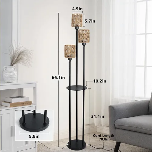 Miniatura 6 de Lámpara de pie bohemia con estantes, lámpara de pie alta de granja de 3 luces con interruptor de pie de encendido/apagado, lámpara de pie rústica