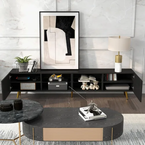 Miniatura 7 de Bonzy Home Soporte de TV de 86 pulgadas, moderno centro de entretenimiento para TV de 75 pulgadas, mesa consola de televisión con gabinetes de Negro