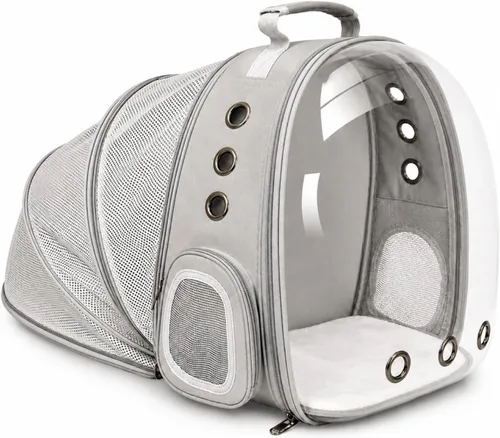 Miniatura 12 de Mochila expandible para gatos y perros, mochila de viaje para mascotas con ventana de burbujas con malla transpirable, estructura anticolapso, Negro