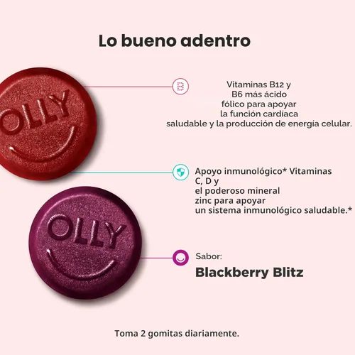 Miniatura 2 de OLLY Gomitas múltiples para hombre, apoyan el bienestar general*Vitaminas A, C, D, E, Bs y zinc, sabor BlackBerry Blitz, suministro para 65 días