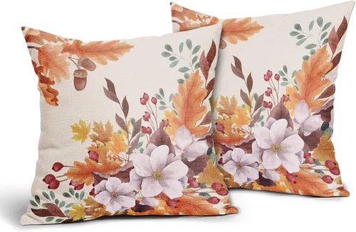 Miniatura 2 de Juego de 2 fundas de almohada de hojas otoñales naranjas otoñales de 20 x 20 pulgadas, diseño de hojas florales de Acción de Gracias, juego de 2
