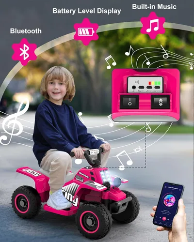 Miniatura 4 de ANPABO Juguete ATV de 6 V 7AH para niños, 4 ruedas para niños pequeños con faro, adelante y atrás, bocina, reproductor de música, USB, MP3, Rosa