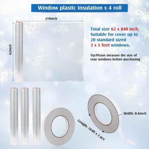 Miniatura 2 de Frienda Kit de aislamiento de ventana de 4 rollos para invierno, cada rollo de 62 x 210 pulgadas, kit de aislamiento de plástico para ventanas