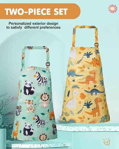 Miniatura 6 de Lictin Paquete de 2 delantales para niños y niñas para cocinar, delantal de arte impermeable con bolsillos para niños, pintar, cocinar, hornear