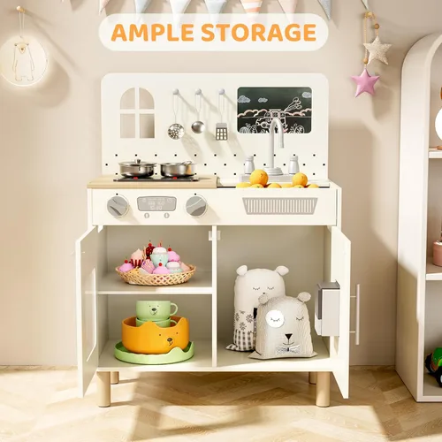 Miniatura 5 de MAMIZO Juego de cocina para niños, juego de simulación con pizarra y luces y sonidos realistas, cocina de madera interactiva definitiva con sonidos