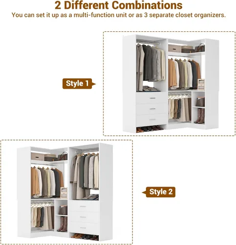 Miniatura 4 de Aheaplus Sistema de armario con 3 cajones, 2 varillas para colgar y torre de esquina, sistema de armario de esquina con colgante, organizador