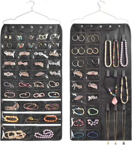 Miniatura 9 de BB Brotrade Organizador colgante de joyas, organizador de accesorios, organizador de 80 bolsillos para guardar joyas (beige)