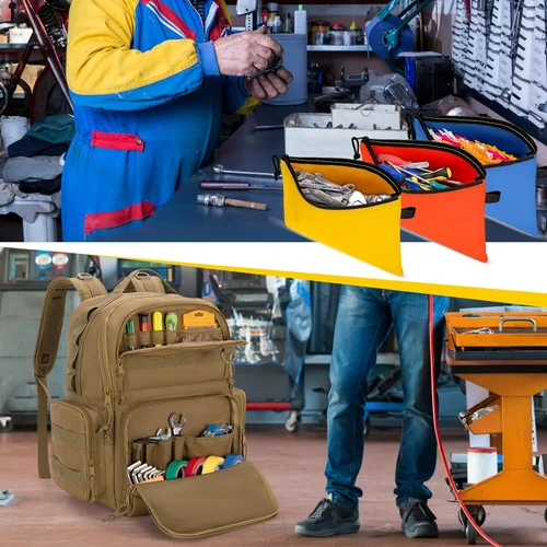 Miniatura 8 de Mochila de herramientas Rexmica para hombres con 3 bolsas de herramientas, bolsa organizadora de almacenamiento de herramientas resistente con Caqui