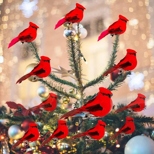 Decoraciones de adorno para árbol de Navidad con clip cardenal – Juego de 12 plumas rojas cada una mide 2.8 pulgadas de largo (A)