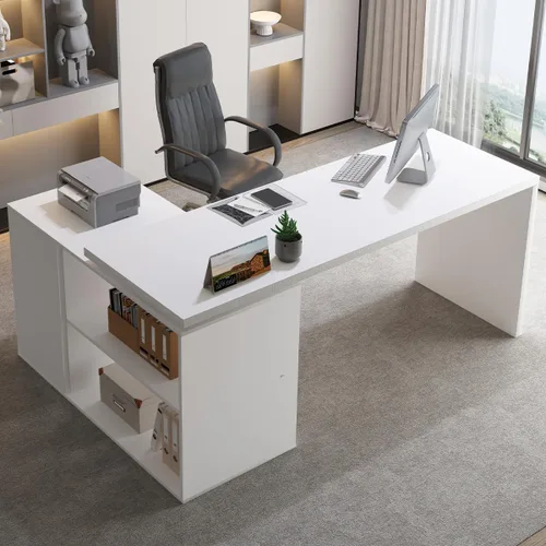 Miniatura 4 de HSH Escritorio Blanco en Forma de L con Cajones y Estantes, Escritorio de Esquina para Oficina en Casa en Forma de L con Gabinete de Almacenamiento