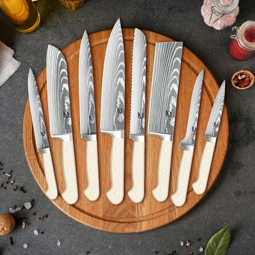 Miniatura 9 de Dfito Juego de cuchillos de chef con bolsa de rollo, juego de 9 cuchillos profesionales con afilador, juego de cuchillos de cocina de acero Beige