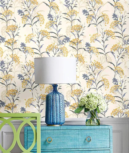 Miniatura 3 de Blooming Wall DPY08 - Papel pintado a mano para despegar y pegar acuarela, sin costuras, flores amarillas frescas con hojas azules, papel tapiz