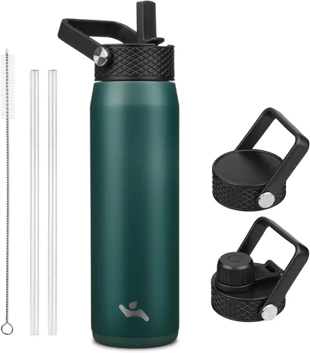 Miniatura 75 de Konokyo - Botella de agua aislada de 18 onzas, botellas deportivas de acero inoxidable con 3 tapas, verde militar