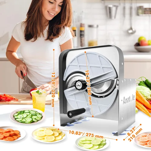 Miniatura 6 de Cortadora comercial de verduras Anatole de acero inoxidable, espesor ajustable de 0-0.4'', cortador manual de verduras y frutas para tomate