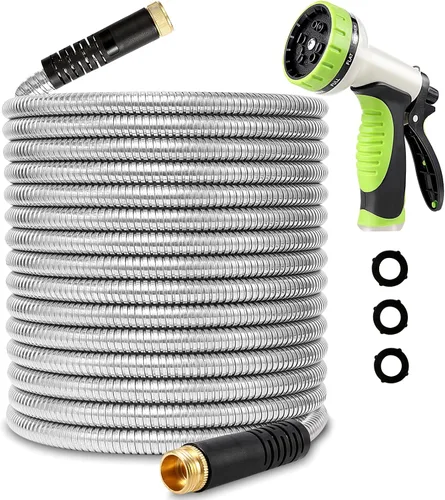 Manguera de jardín de metal flexible de 25 pies, manguera de agua resistente con acero inoxidable 304 duradero y boquilla rociadora de 10 vías,
