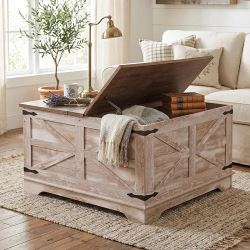 senlin Mesa de café de casa de campo, mesa de café resistente con almacenamiento, mesa central cuadrada de madera con compartimento de