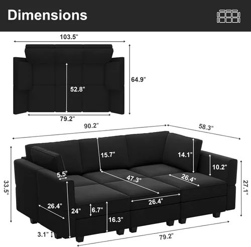 Miniatura 2 de Belffin Sofá Seccional Modular de Terciopelo con Chaise Lounge Sofá Cama Seccional con Chaise de Almacenamiento Sofás Cama Sofá para Sala de Estar