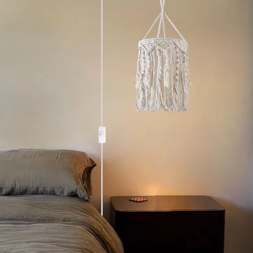 Miniatura 3 de Lámpara colgante bohemia enchufable, luces colgantes de 15 pies con cable de enchufe, lámpara colgante con pantalla de lámpara de macramé hecha a