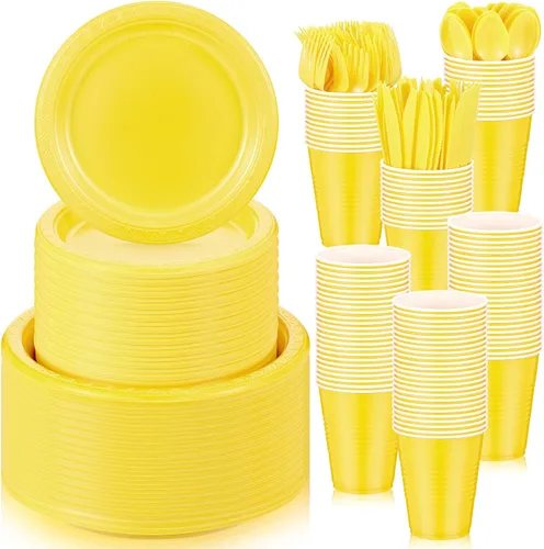 Miniatura 8 de Uiifan El juego de vajilla de plástico multicolor de 300 piezas incluye 50 platos llanos, 50 platos de aperitivo, 50 tazas, 50 cuchillos, 50