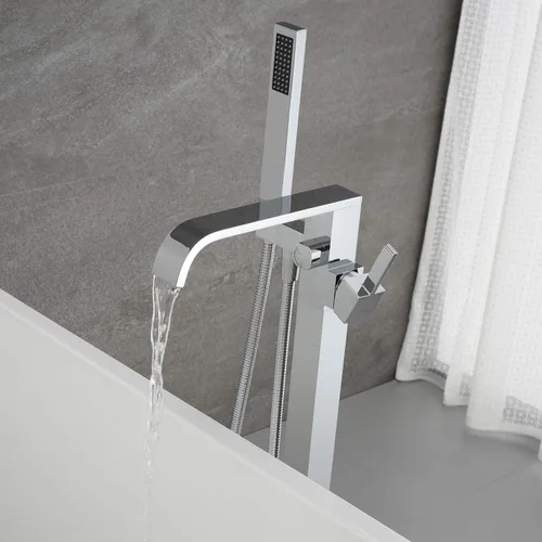Miniatura 4 de Grifo de bañera independiente Grifos de llenado de bañera Cromo Montaje en piso Latón Manija única con ducha de mano Cromado