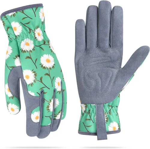 Guantes de jardinería para mujeres, guantes de cuero para trabajo en jardín, a prueba de espinas, sin perforación, para cavar, plantar y podar Verde