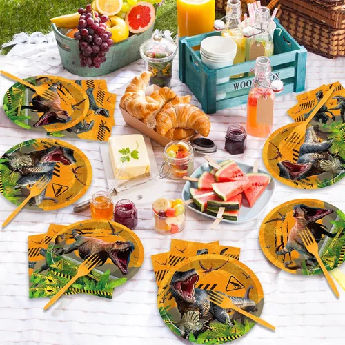 Miniatura 5 de 96 piezas de dinosaurios suministros para fiestas, platos de papel, servilletas, dinosaurios, fiesta temática, cumpleaños, cena, postre, decoración
