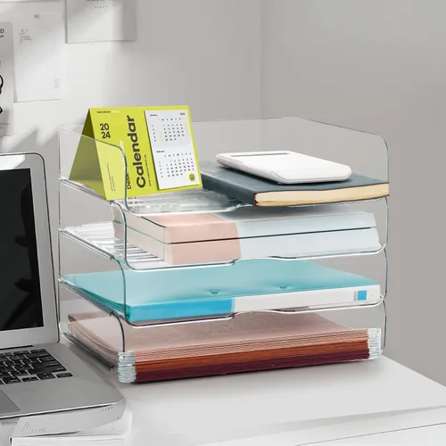 Miniatura 4 de Organizador y almacenamiento de escritorio, 4 niveles, organizador de escritorio transparente apilable para documentos, almacenamiento de revistas