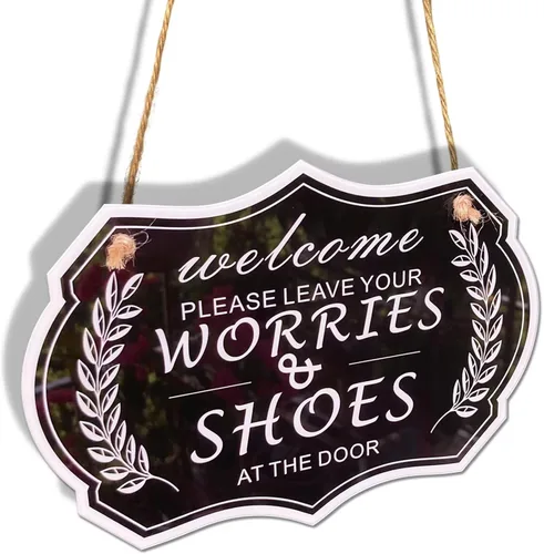 Letrero con texto en inglés «Please Leave Shoes & Worries at the Door», letrero de diseñador de RAMIEYOO para puerta de casa, regalo perfecto para