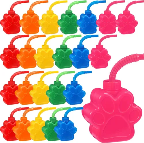 Sratte 24 tazas de patas de perro de 10 onzas para niños con popote y tapa, suministros de fiesta de cumpleaños de perro, taza de plástico con