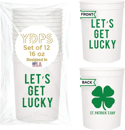 Let's Get Lucky - Juego de tazas de plástico para el día de San Patricio, 12-16 onzas para recuerdos de fiesta y decoraciones temáticas de trébol,