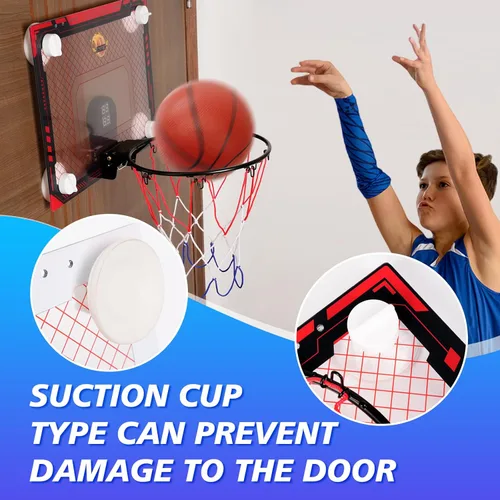Miniatura 6 de CYFIE Mini aro de baloncesto para interiores para niños con luz LED, ventosa/aro de baloncesto sobre la puerta con marcador y 3 bolas, juguetes