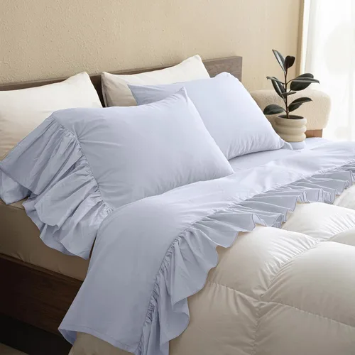 Miniatura 2 de QSH Juego de sábanas con volantes 100% algodón tamaño Queen, juego de sábanas con volantes de color azul claro estilo campo francés, elegante ropa